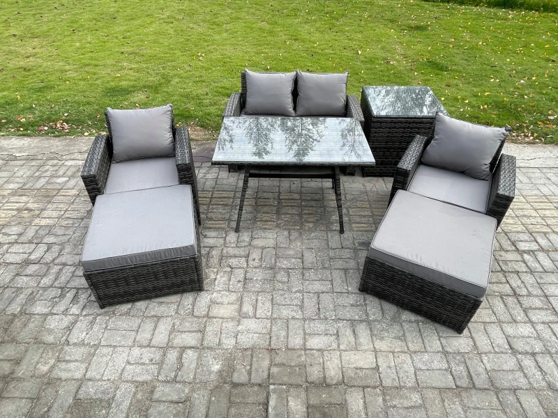 Image of Fimous Rattan Wicker Garden Furniture Patio Conservatory Sofa Set with Rectangular Dining Table Armchair 2 Big Footstool in Dark Grey Dark Grey Unisex
