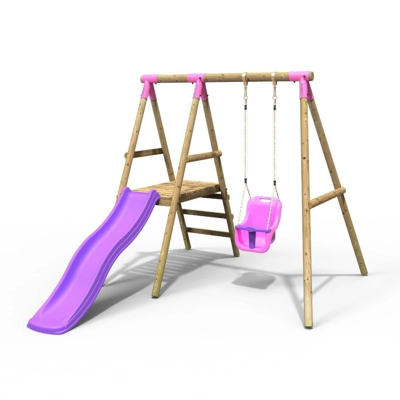 Image of OutdoorToys Rebo Cassini Wooden Garden Swing Set with Baby Swing, Platform & Slide for Kids - Pink Pink Unisex