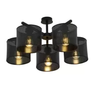 Image of Emibig Jordan Black Multi Arm Semi Flush Ceiling light with Black Fabric Shades, 5x E27