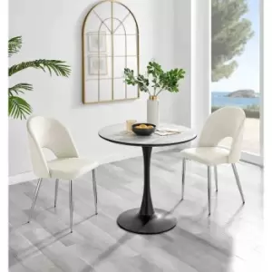 Image of Furniture Box Elina White Marble Effect Round Dining Table and 2 Cream Arlon Silver Leg Chairs