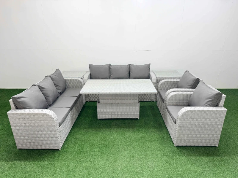 Image of Fimous PE Rattan High Back Lounge Sofa Set Patio Adjustable Lifting Dining or Coffee Table & Chairs Set with 3 Seater Sofa Reclining Chair 2 Side Tabl