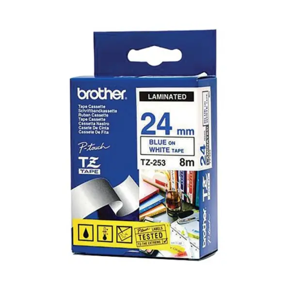 Image of Brother P-touch TZe Laminated Tape Cassette 24mm x 8m Blue on White Tape TZE253
