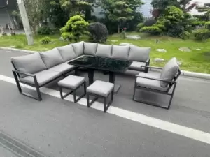 Image of Fimous 8 Seater Outdoor Dark Grey Aluminum Lounge Complete Sofa Set with Adjustable Dining Table Tempered Glass and 2 Stools