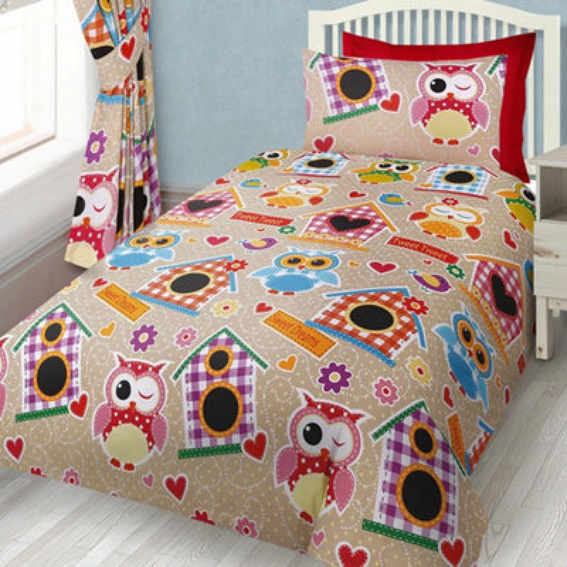 Image of Velosso Whimsical Owl Print Duvet Cover & Pillowcase Set, Colourful Pattern Kids Bedding, Breathable Cotton Blend Bed Set - Multicolour