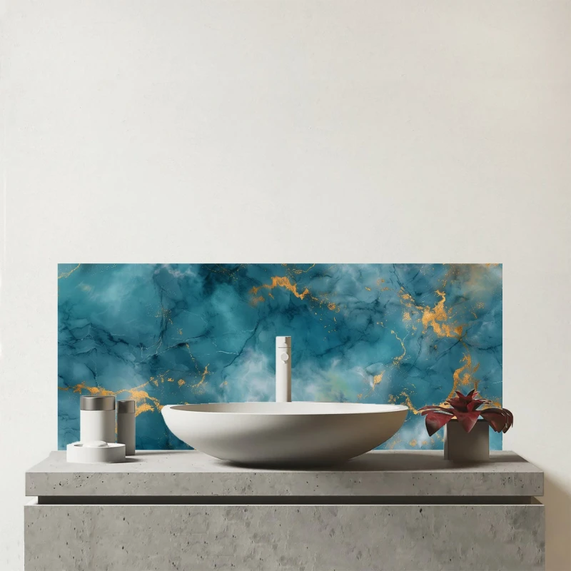 Image of Warren Reed - Designer Gold & Blue Marble Effect Glass Bathroom Splashback in Black Unisex