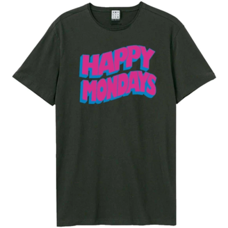 Image of Amplified Mens Wave Logo Happy Mondays T-Shirt in Charcoal Size: XS Charcoal Male XS