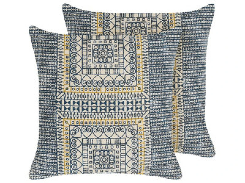 Image of Beliani Set Of 2 Decorative Cushions Sidi Cotton 50 X 50 Cm Blue Geometric Pattern