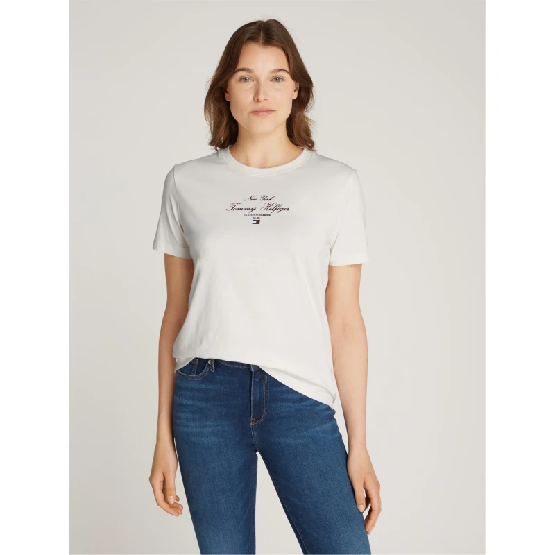 Image of Tommy Hilfiger Womens Script Short-Sleeve Regular Fit T-Shirt Ivory Petal female 8 (XS)