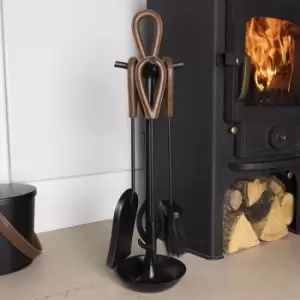 Image of Fig Fireside Companion Set Leather Finished Handles Black Matte Circular Base - Black/Brown