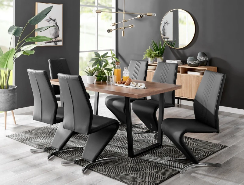 Image of FurnitureboxUK FurnitureboxUK Kylo Large Brown Wood Effect Dining Table & 6 Willow Faux Leather Chairs in Black One Size Unisex 5056657120061