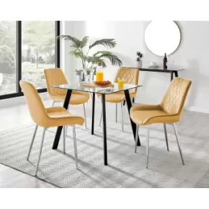 Image of Furniture Box Seattle Glass and Black Leg Square Dining Table & 4 Mustard Pesaro Silver Chairs