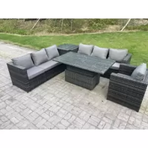 Image of Fimous 7 Seater Outdoor Dark Grey Rattan Lounge Complete Sofa Set with Adjustable Dining Table and Armchairs