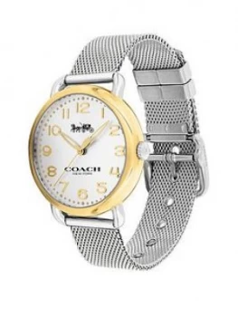 Image of Coach Coach Delancey White Dial Gold Tone Bezel Silver Mesh Bracelet Watch