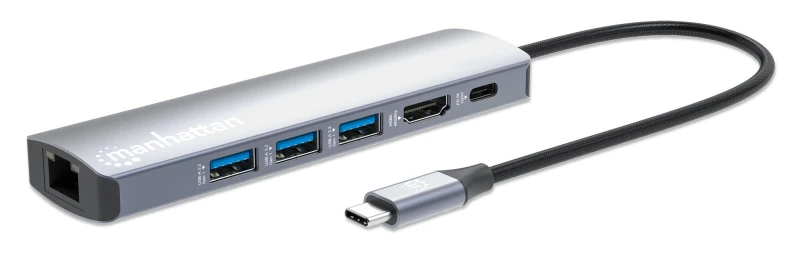 Image of Manhattan Manhattan USB-C Dock/Hub, Ports (x6): Ethernet, HDMI, USB-A (x3) and USB-C, With Power Delivery (100W) to USB-C Port (Note additional USB-C