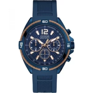 Image of GUESS Gents blue watch with rose gold wire detail.