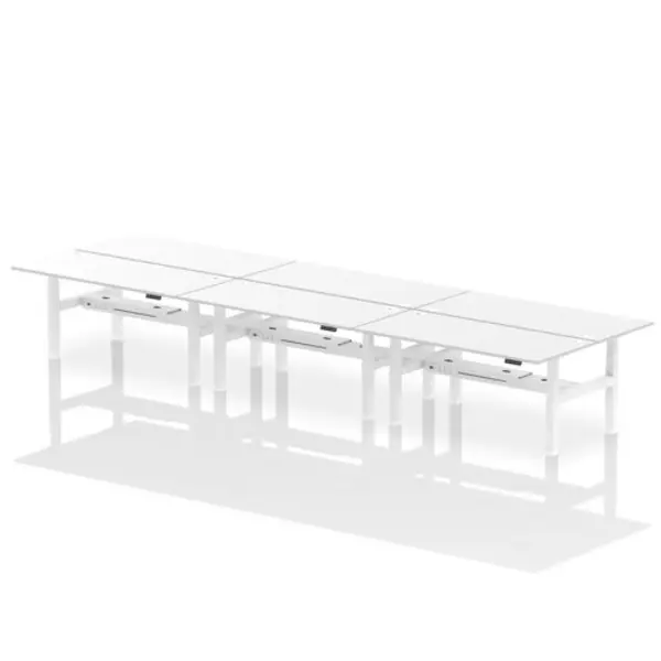 Image of Air Air Back-to-Back 1800 x 800mm Height Adjustable 6 Person Bench Desk White Top with Cable Ports White Frame HASCP6P18800WHTW