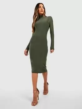 Image of Boohoo Premium Contour Slinky Roll Neck Midi Dress - Khaki, Green, Size 16, Women