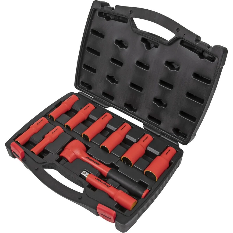 Image of Loops 10pc VDE Insulated Socket & Ratchet Handle Set -1/2" Square Drive 6 Point Metric Multi
