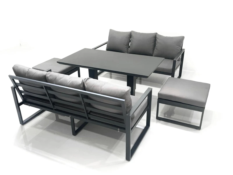 Image of Fimous 8 Seater Aluminium Outdoor Garden Furniture Set with Adjustable Rising Lifting Dining Table 3 Seater Sofa 2 Big Footstool Dark Grey Dark Grey U