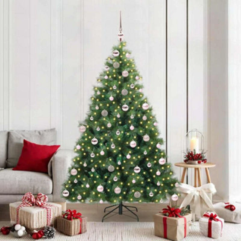Image of vidaXL Artificial Christmas Tree with 300 LEDs, Pink Balls Green 180 x 109cm PE and PVC, Green 3397785