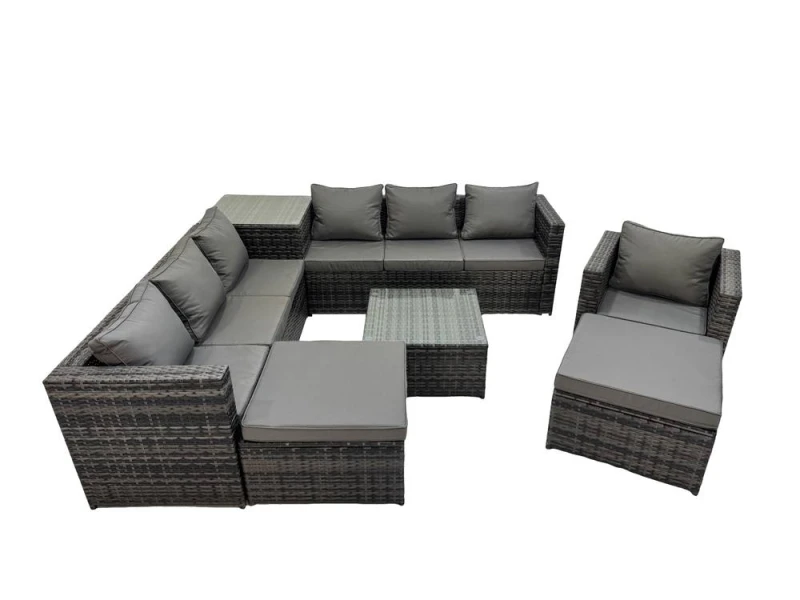 Image of Fimous 9 Seater Garden Outdoor Rattan Furniture Set & Side Table 2 Big Stool in Dark Grey Dark Grey Unisex