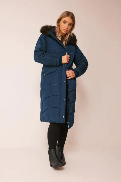 Image of M&Co Faux Fur Trim Padded Coat Blue