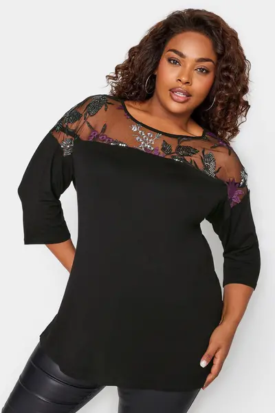 Image of Yours Floral Mesh Top Black