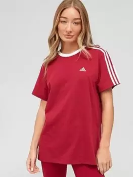 Image of adidas Essentials 3 Stripes Boyfriend T-Shirt - Burgundy, Size S, Women