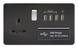 Image of KnightsBridge 13A 2G Screwless 1G Matt Black Switched Socket with Quad 5V USB Charger Ports - Black Insert