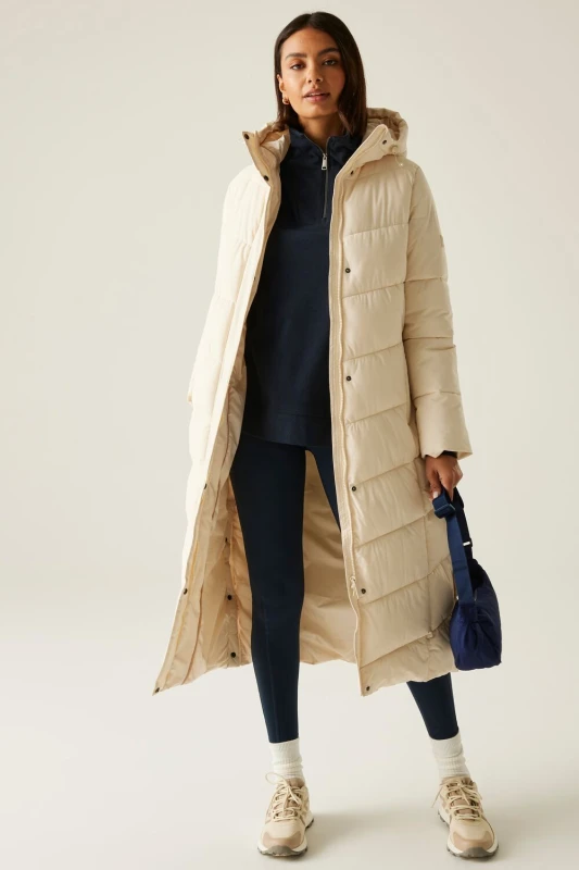 Image of Regatta Womens Eloria Longline Hooded Insulating Quilted Jacket in Cream Size: 20 Cream Female 20