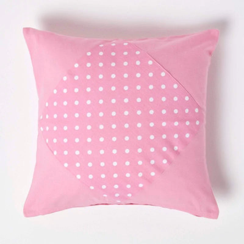 Image of Homescapes Cotton Plain and Polka Dots Cushion Cover Pink