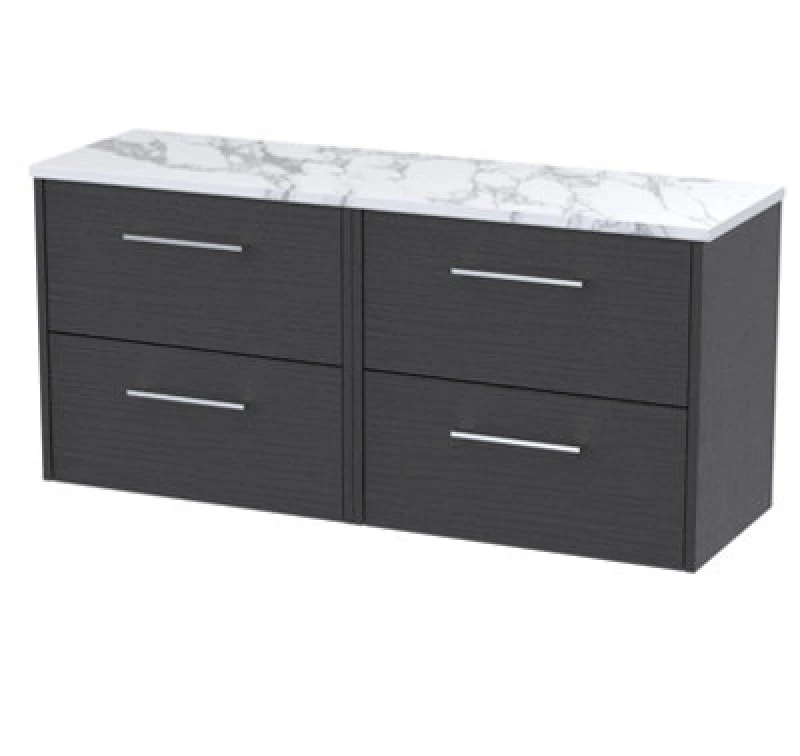 Image of Nuie Hudson Reed Juno Wall Hung 4-Drawer Vanity & Carrera Marble Worktop, Countertop Basin Unit In Graphite Grey Woodgrain, 1200mm