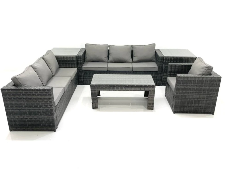 Image of Fimous 7 Seater Rattan Garden Furniture Set Outdoor Lounger Sofa with Coffee Table Armchair 2 Side Tables Dark Grey Mixed Dark Grey