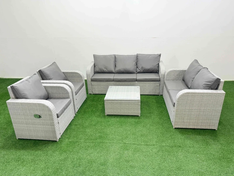 Image of Fimous PE Rattan Garden Furniture Set Adjustable Chair Sofa Double Love Seat 2 Seater Sofa Lounge Set Square Coffee Table Light Grey Light Grey