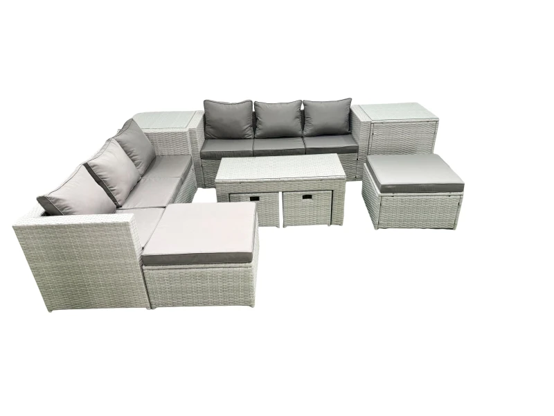 Image of Fimous Outdoor Rattan Garden Furniture Set with Grey Cushions Luxury 10 Seater with Coffee Table and 2 Side Tables For Conservatory,Patio Light Grey