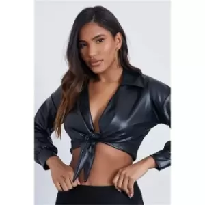Image of I Saw It First Black Tie Front Long Sleeve Faux Leather Blouse - Black
