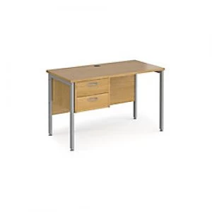 Image of Rectangular Straight Desk Oak Wood H-Frame Legs Silver Maestro 25 1200 x 600 x 725mm 2 Drawer Pedestal
