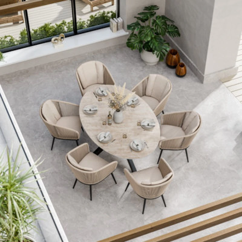 Image of Royalcraft Bali 200Cm Oval Ceramic Table With 6 Bali Rope Chairs