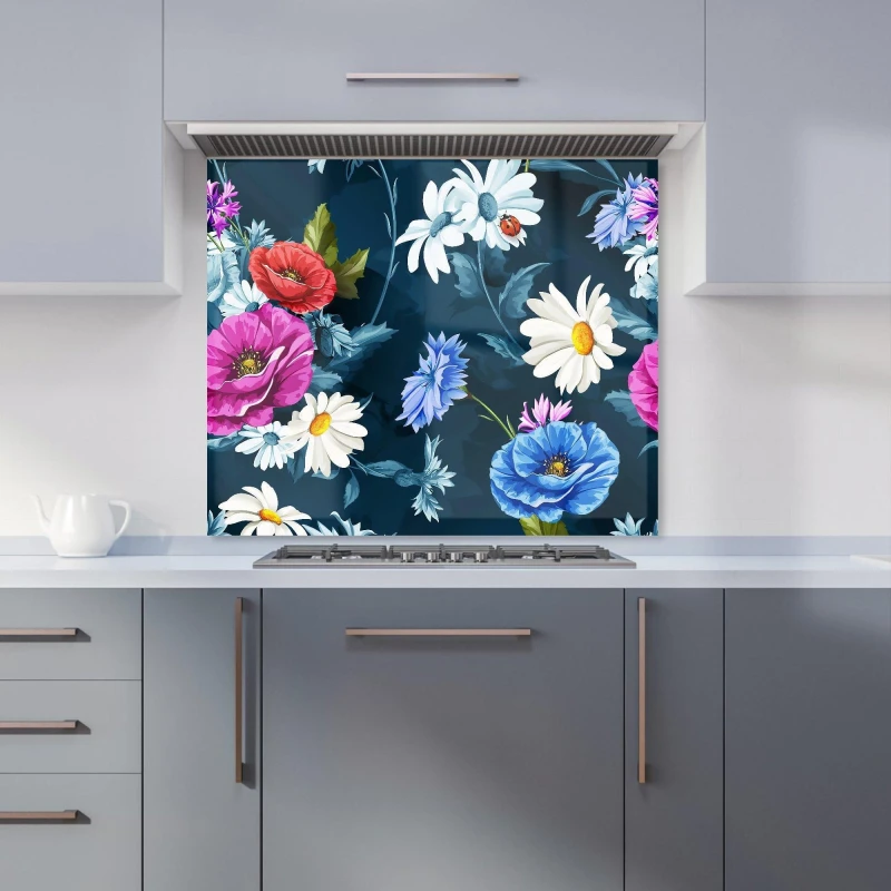 Image of Warren Reed - Designer Poppy Flowers With Chamomile Kitchen Splashback in Blue Size: 900mm x 750mm Blue Unisex 900mm x 750mm