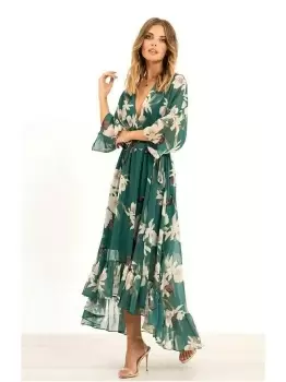 Image of Yumi Urban Green Floral Print Kimono Midi Wrap Dress