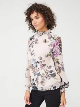 Image of Oasis Floral Shirred Neck Top - Natural, Size 6, Women