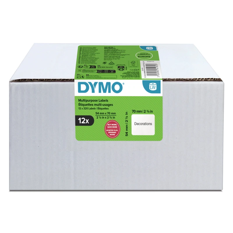 Image of Dymo DYMO Authentic LabelWriter Multi Purpose Labels 54mm x 70 mm Self Adhesive 12 Rolls of 320 Easy-Peel Labels (3,840 Count) for LabelWrite