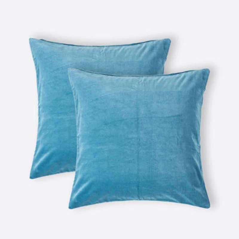Image of Homescapes Set Of 2 Blue Velvet Cushion Covers, 40 X 40 Cm