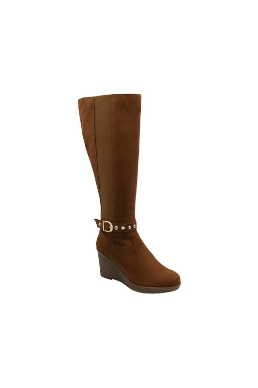 Image of Ravel Womens Tan Suede 'Arkle' Wedge Knee-High Boots Size: 7 Tan Female 7