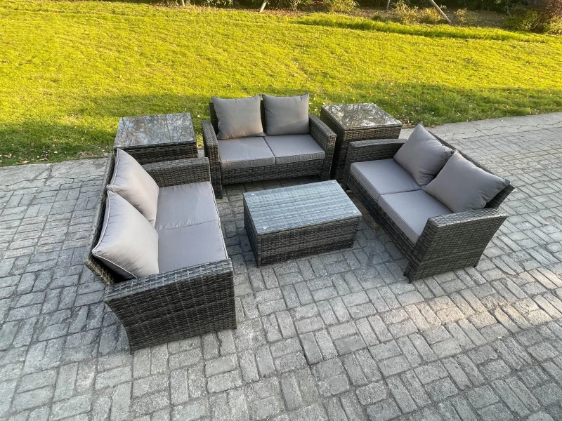 Image of Fimous Dark Grey 6 Seater Outdoor Rattan Garden Furniture Set Patio Love Sofa Rectangular Coffee Table Set with 2 Side Tables Dark Grey Unisex