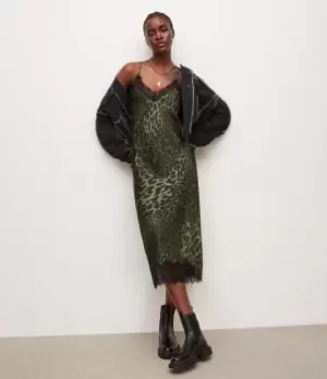 Image of AllSaints Womens Tigi Kiku Dress, Khaki Green, Size: 10