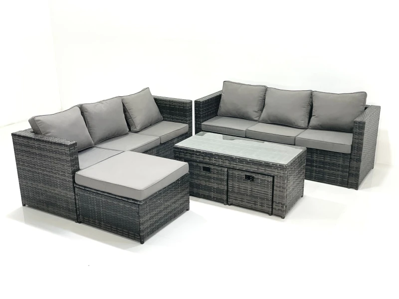 Image of Fimous Garden Outdoor Rattan Furniture Set with Sofa Coffee table 3 Footstools Dark Grey Mixed Dark Grey