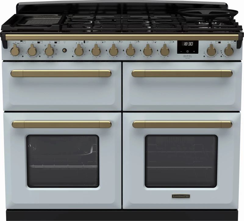 Image of Rangemaster Estel Deluxe ESDLB110DFPMSB/AB1 110cm wide Dual Fuel Range Cooker with Gas Hob - Misty Blue / Antique Brass - A/A Rated