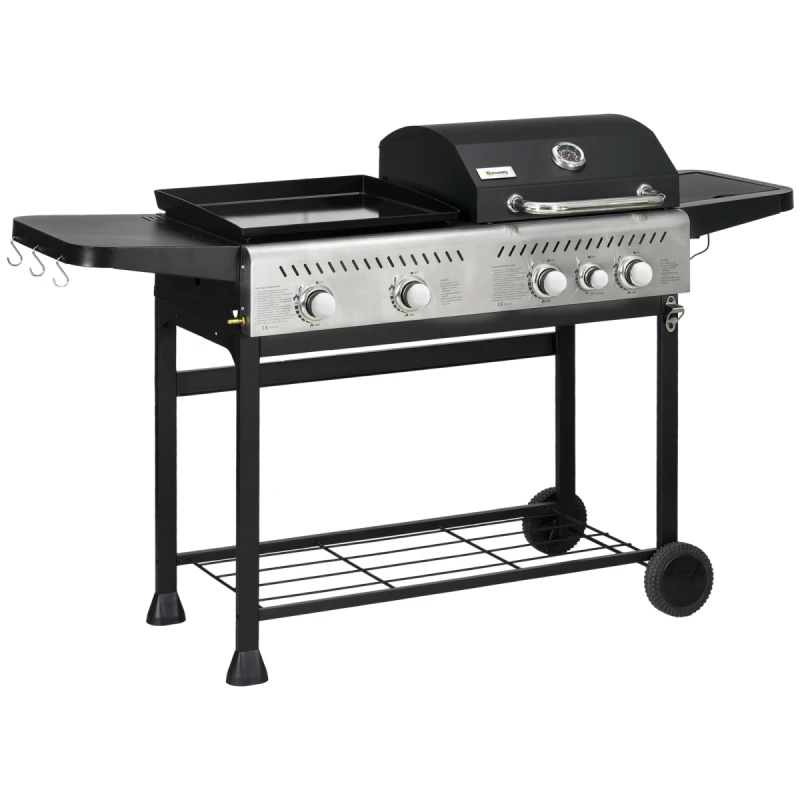 Image of Outsunny Outsunny Gas Grill and Plancha with 15 kW 4+1 Burners for Garden Party Festival - Black