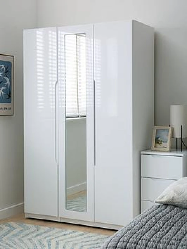 Image of One Call Furniture Antibes 3 Door Wardrobe With Mirror Ready Assembled Gloss Fronts Light Grey LELGR3DRM